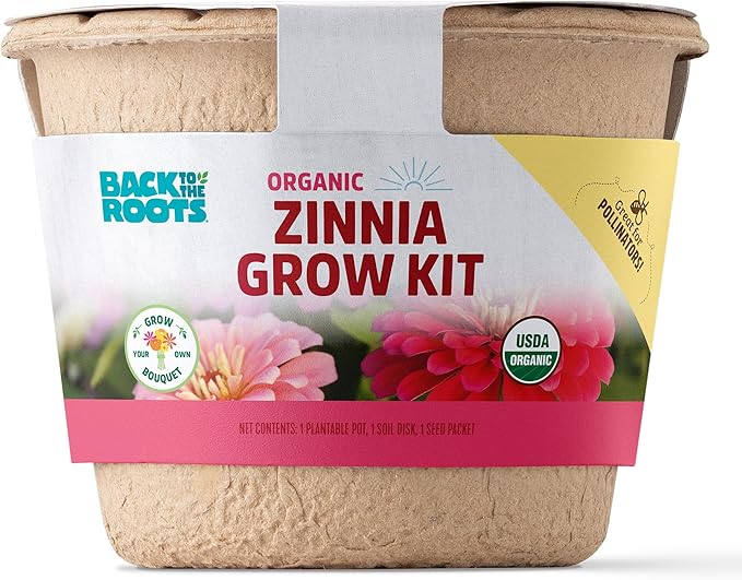 Back to the Roots Organic Zinnia Flower Grow Kit with Plantable Starting Pot Soil and Seeds