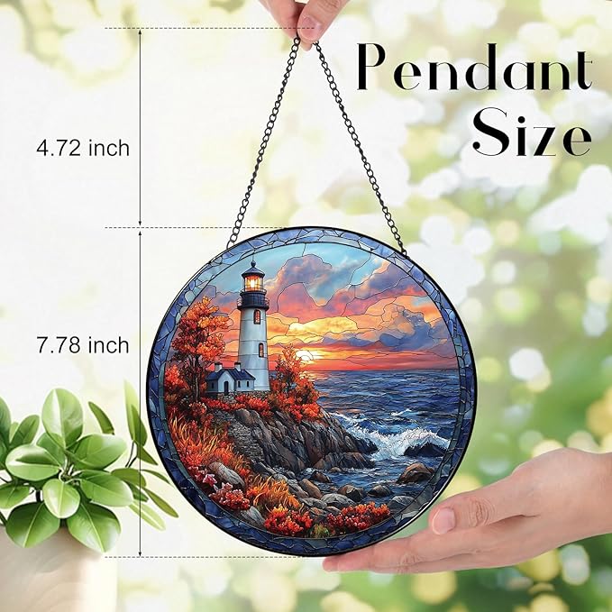 Coastal Lighthouse in Autumn Suncatcher -7.9 in Stained Glass Window Hanging Sun Catcher Garden Decor
