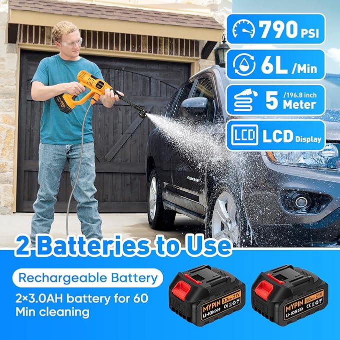 Upgraded LCD Display Portable Cordless Pressure Washer, 790 PSI 21V 2x3.0AH Rechargeable Batteries Powered Pressure Washer, 6-in-1 Nozzle for Car Floor Wall Fence Cleaning,10 Adjustable Pressure Modes