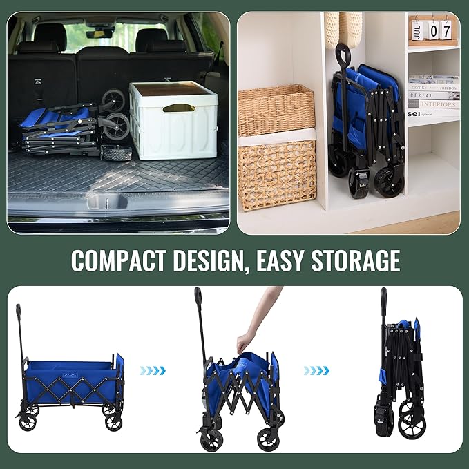 40'' Extra Long Collapsible Wagons Carts Foldable, 360LBS Foldable Wagon Cart with Wheels, Heavy Duty Portable Utility Wagon for Grocery, Shopping, Sports Garden & Camping - Navy Blue