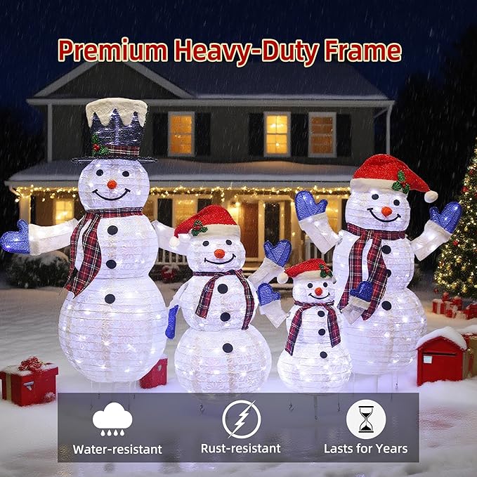 4-Piece 3D Lighted Snowman Family Set Outdoor Christmas Decorations Weather-Resistant Christmas Collapsible Snowmen Yard Decor for Yard Patio with LED Lights & Stakes