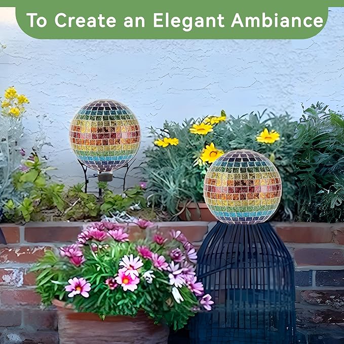 Lily's Home Colorful Mosaic Glass Gazing Ball, Designed with a Stunning Rainbow Holographic Mosaic Pattern to Bring Color to Any Home and Garden. 10 Inches Diameter