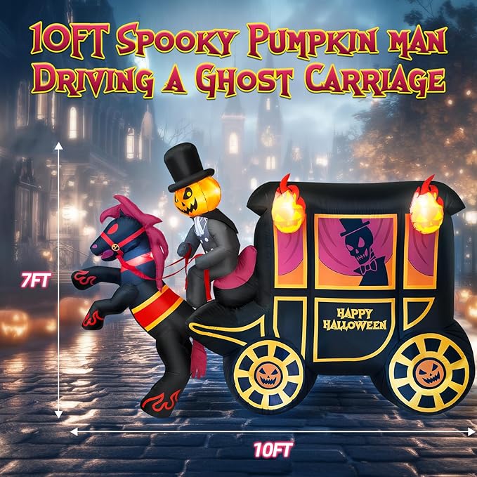 10FT Long Halloween Inflatables Built-in LED Light Pumpkin-Headed Horse Carriage, Giant Halloween Decorations Outdoor Blow Up Yard Decorations Spooky Ghost Carriage Halloween Blowups for Lawn Party