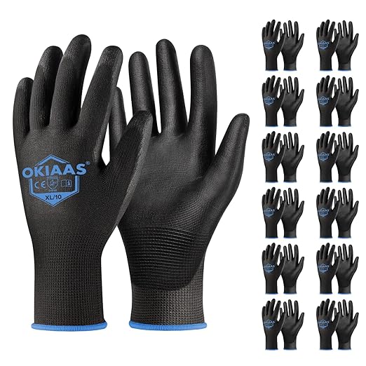 OKIAAS Work Gloves for Men，Ultra Thin and Lightweight Working Gloves with Grip, 12 Pairs Bulk Pack Construction Gloves with Polyurethane Coating for Light Duty Work (Black, X-Large)