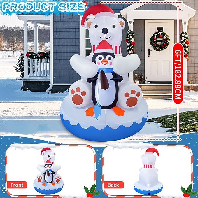 2025 Christamas Inflatable Polar Bear 6FT Polar Bear and Penguin Fishing Christmas Inflatables Outdoor Decoration Xmas Blow Up Decor with 4 Built-in LEDs for Holiday Party Yard Garden Lawn Decor