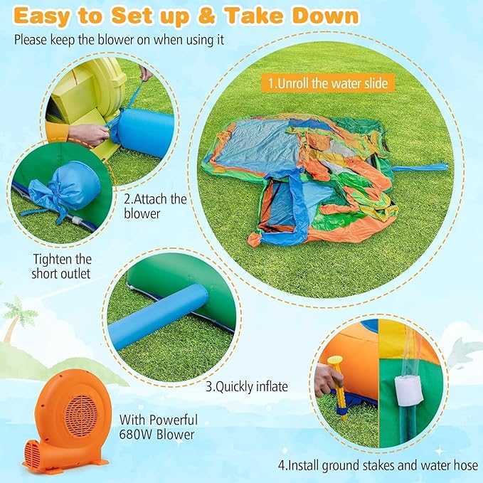 BOUNTECH Inflatable Water Slide, Elephant Surfing Slide Kids Water Park Jump Bouncy Castle w/2 Splash Pools, Hide & Seek Cave, GFCI Blower, Water Slides Inflatables for Big Kids Outdoor Backyard Gifts