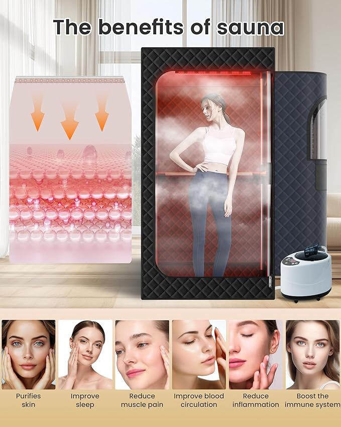 Infrared Sauna, Portable Steam Sauna Box with XL Steamer and Folding Chair, 5-Layer Waterproof and Thermal Insulation, for Home Spa, Detoxification, Relief Muscle Pain, Indoor & Outdoor(Dark Black)