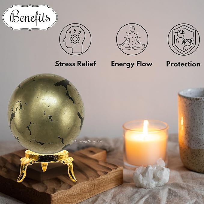 Amazing Gemstone Pyrite Crystal Ball with Stand - 2 Inches Crystal Sphere Meditation Balls for Witchcraft and Decorative Balls