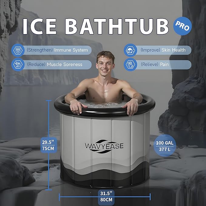 WAVYEASE Upgraded Portable Cold Plunge Tub for Athletes & Adults | 100 GAL Foldable Ice Bath with Insulative Cover | Instant Setup for Indoor & Outdoor Recovery (Grey)