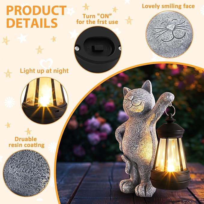 Solar Cat Garden Statues with Solar Lantern, Outdoor Cat Garden Figurines Decorations for Yard Patio Lawn Balcony, Unique Birthday Gifts for Mom Women.
