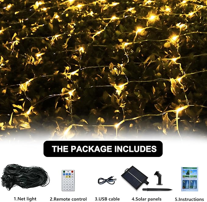 Solar Net Christmas Lights Warm White, 200 LED Net Lights Outdoor Mesh Lights, 19 Modes Solar Powered/USB String Lights for Garden, Yard, Bushes, Trunk, Halloween, Xmas Tree Decor