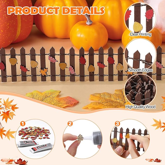 Thyle Thanksgiving DIY Mini Fairy Garden Fence Fall Wood Picket Crafts with 35 Inches Wood Picket Fence 100 Wooden Leaves and Glue for Autumn Centerpieces Thanksgiving Activity(Brown)