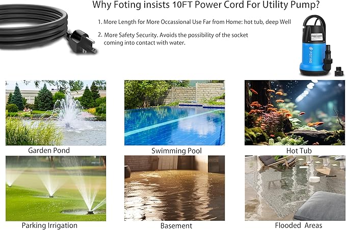 FOTING Sump Pump 1HP Clean/Dirty Submersible Water Pump, 4600GPH Utility Pump Thermoplastic Electric Portable Transfer Water Pump for Swimming Pool Garden Pond Basement with 10ft Long Power Cord