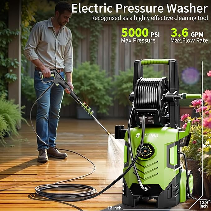 2025Upgraded Pressure Washer 5000PSI with Adj-8-Level Touch Screen, 34" Tall Power Washer, 4 Quick Connect Nozzles, Inlet Hose&Filter&500mlFoam Cannon for Cars/Fences/Driveways/Home Cleaning, Green