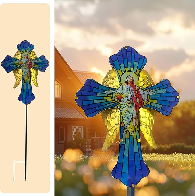 WAIU Solar Cross Garden Light,Grave Decorations,Golden Angel Wings,for Remembrance Gifts,Christmas Yard Decor Outdoor
