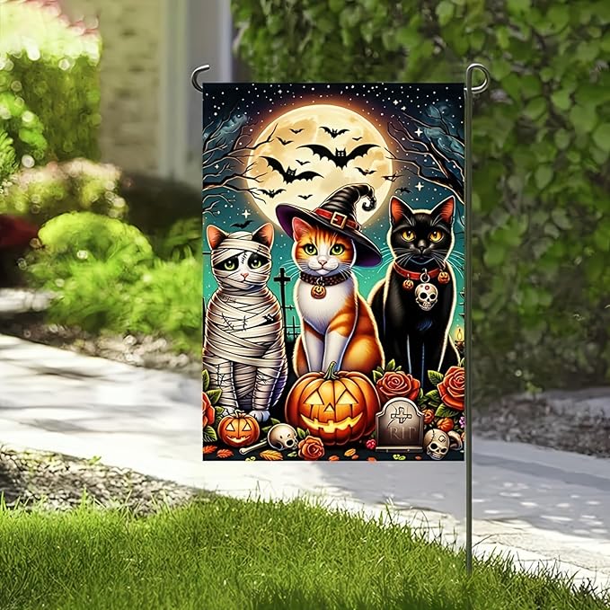 Halloween Decorations Outdoor Garden Flag 12x18 Inch Double Sided Cat Pumpkin Fall Decor Yard Lawn Patio Porch Banner Halloween Garden Flag
