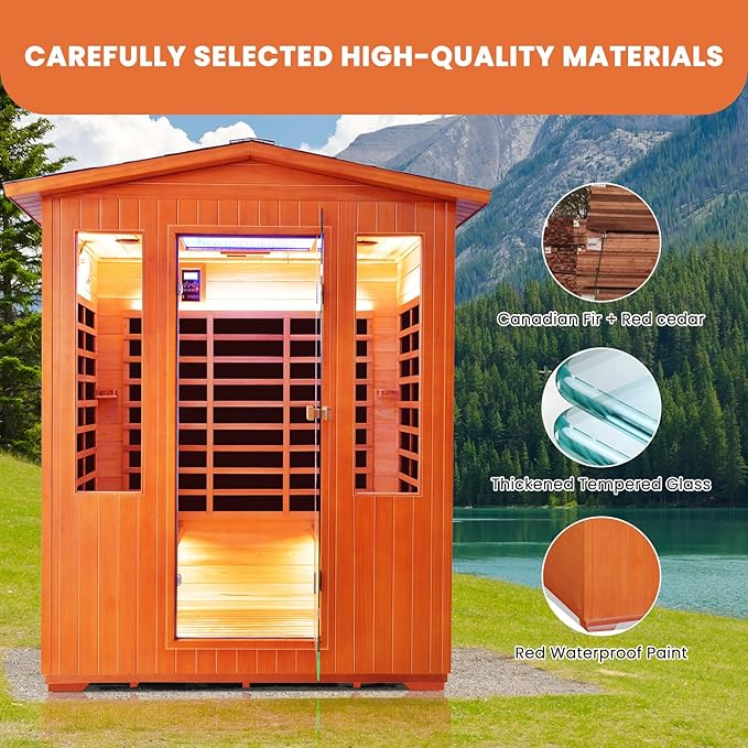 Outdoor Sauna 4 Person Infrared Saunas Outdoor Dry Sauna Room Wood Wooden Sauna Canadian Fir Red Cedar Low EMF 2600W/240V with Oxygen Bar, 7 Color Light, Control Panel, Speaker - 62.2" x 46.9" x 81.9"