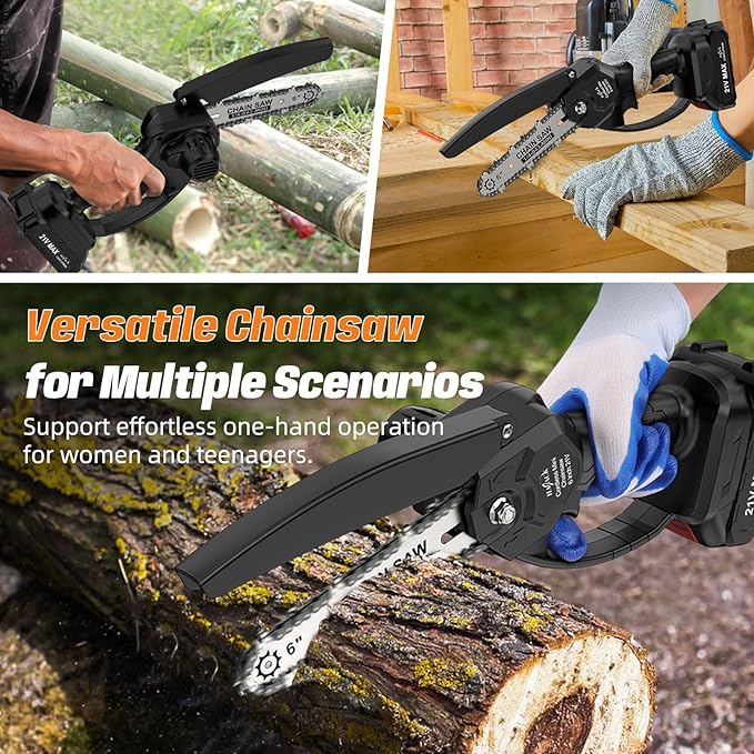 Mini Chainsaw Cordless, 6 inch Electric Chain Saw, Lightweight and Portable, Suitable for Women/Elderly/DIY Enthusiasts, with Two 21V2000mAh Batteries for Tree Pruning and Wood Cutting
