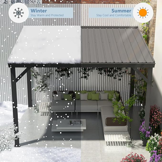 Domi 8’x10’ Wall-Mounted Hardtop Gazebo Pergola – Permanent Lean-to Outdoor Shelter with Sloped Galvanized Steel Roof & Upgraded Drainage – Grey Metal Patio Cover for Backyard, Deck, Garden