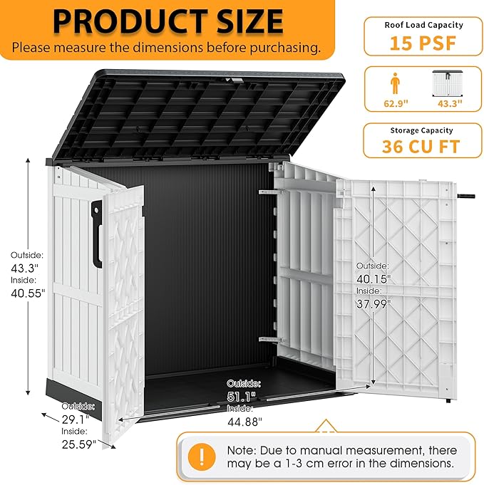 LHBcraft Outdoor Storage Cabinet 36 Cu Ft with Lockable Doors, Portable Horizontal Resin Storage Shed - Easy to Assemble, Waterproof Small Storage Shed with Floor