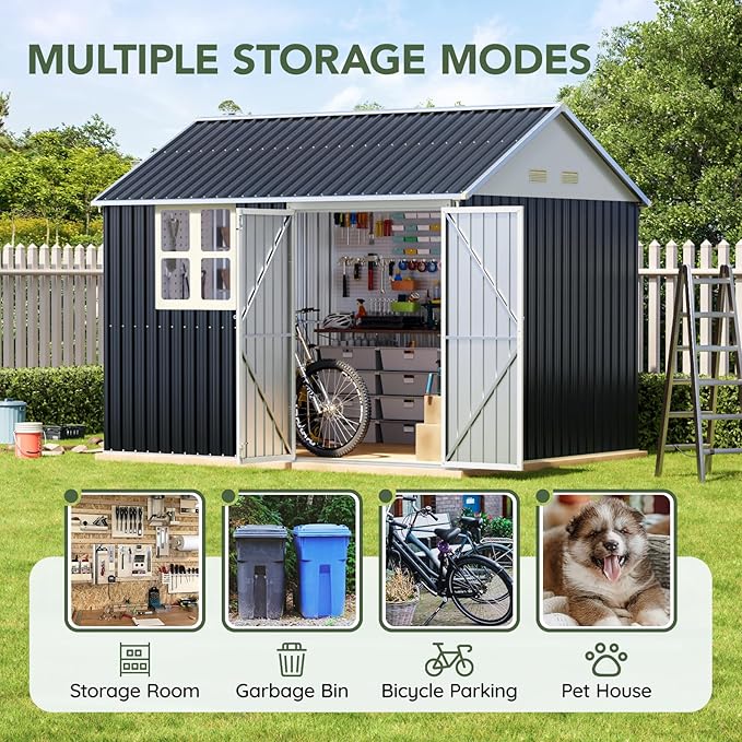 8x10 FT Outdoor Metal Storage Shed, Single Door, 1 Clear Window, Tool Shed for Garden, Patio, Backyard Nightblue
