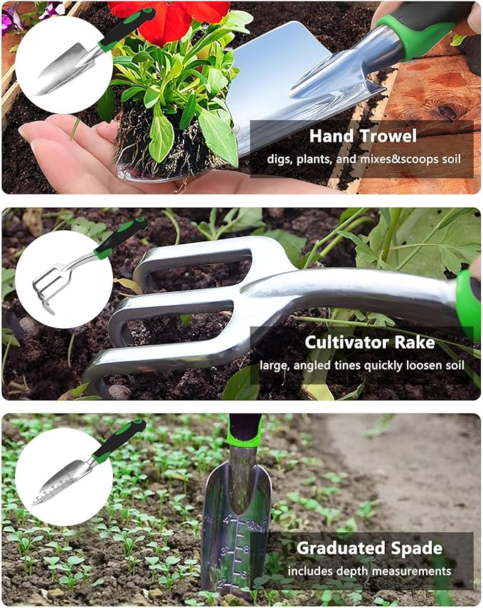 10Pcs Garden Tool Set, Heavy Duty Gardening Tools with Non-Slip Rubber Grip, Includes Shovel Trowel Fork Rake Gardening Gloves Organizer Handbag, Gifts for Women and Men
