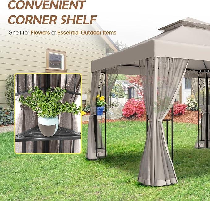 COOS BAY 10x10 Outdoor Patio Gazebo with Netting and Corner Shelves, Two-Tier Soft Top Canopy for Backyard, Lawn, Deck and Garden, Beige