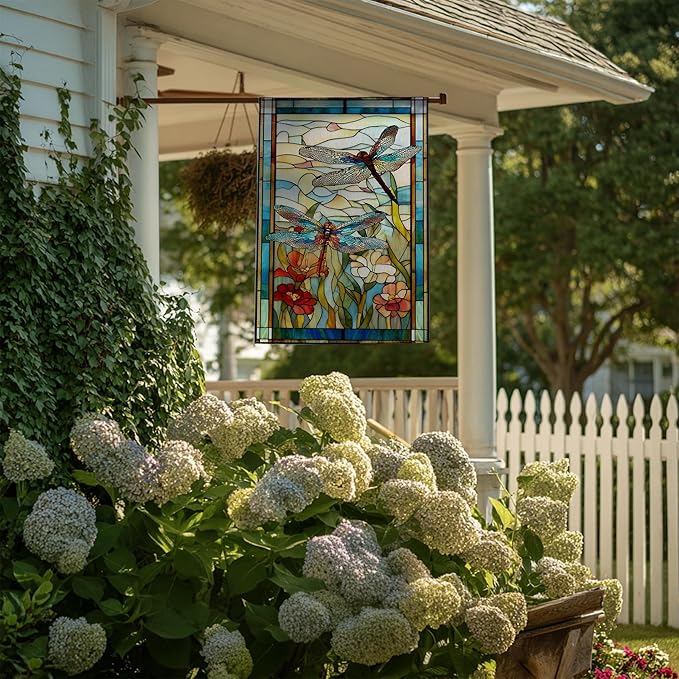 Garden Flags, Dragonfly Garden Flag, Stained Glass Style Dragonfly Floral Flag Double-Sided Flags for Farmhouse Yard Outdoor Decoration-12 x 18inch (Dragonfly)