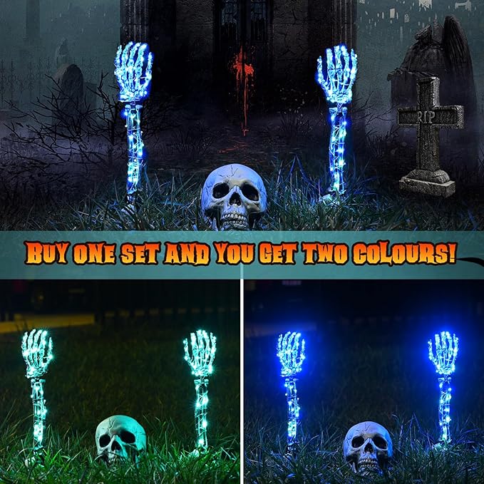 Halloween Lighted Skeleton Set, Skull Arms Stakes with 2 Blue 3 m LED Lights & 2 Green 3 m LED Lights (3 Modes), Realistic Halloween Decoration for Outdoor Garden Yard Graveyard