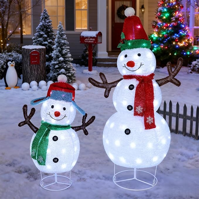 Hausse Set of 2 Lighted Christmas Snowman Decorations, 3.6+2.6FT Outdoor Pre-Lit White Snowmen with Lights, Light Up Collapsible Xmas Yard Display, Plug in for Holiday New Year Winter Garden Yard