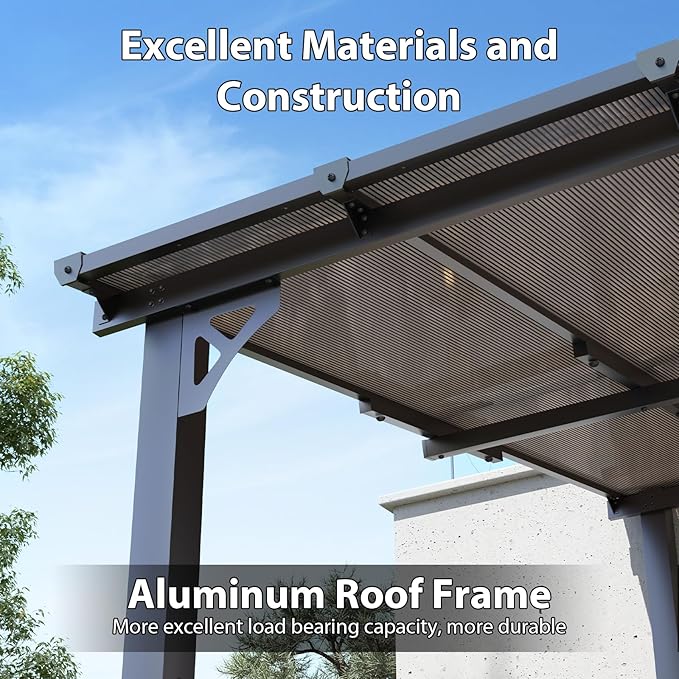 Aoxun 10’x 12’ Premium Gazebo with Aluminum Top Frame & Polycarbonate Panel, Wall Mounted Gazebos Pergola, Outdoor Patio Lean to Gazebo, Awnings with Sloped Roof, for Backyard, Porch, Deck