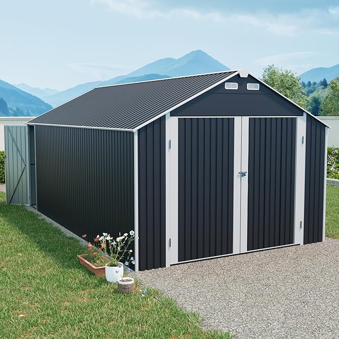 12x20 FT Outdoor Storage Shed,Metal Shed W/ 2 Lockable Hinged Doors & 4 Air Vents,Weatherproof Garden Garage Shelter W/Sloped Roof,for Backyard,Lawn,Car,Black
