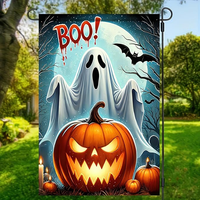 Halloween Garden Flag 12x18 Double Sided Happy Halloween BOO Ghost Flag Samll Pumpkins Flags Decorations Outdoor Home Banners Yard Flags Farmhouse
