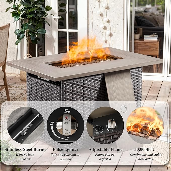 HUMMUH 5 Piece Patio Furniture Set with Fire Pit Table 41in 55,000 BTU,Wicker Outdoor Conversation Sets - Outdoor Swivel Rocker Chairs Patio Sofa for Porch,Garden,Backyard
