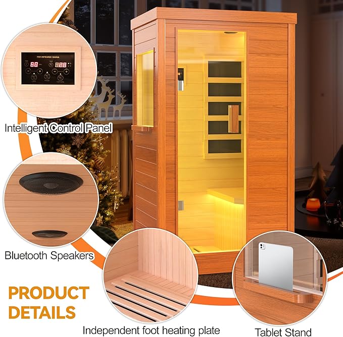 HUGROVE Far Infrared Wooden Sauna, Bluetooth Speakers & 5 Heating Panel, 900W Aucoumea Klaineana Dry Sauna for Home, Intelligent Control Panel and Tempered Glass Door