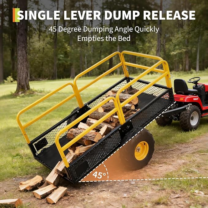 GarveeLife Lawn Mower Trailer ATV Dump Cart Tow Behind, 1600 Lb Utility Garden Cart, 22 Cu.Ft, Heavy Duty Steel Garden Utility Trailer with Removable Sides for Atvs, Utvs Lawn Garden Tractors