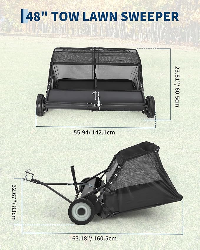 48" Lawn Sweeper Tow Behind, Pull Behind Yard Sweeper, 26 Cu. Ft Large Hopper Leaf & Grass Collector, Heavy Duty Garden Sweeper with Adjustable Sweeping Height for Yard, Lawn, Farm