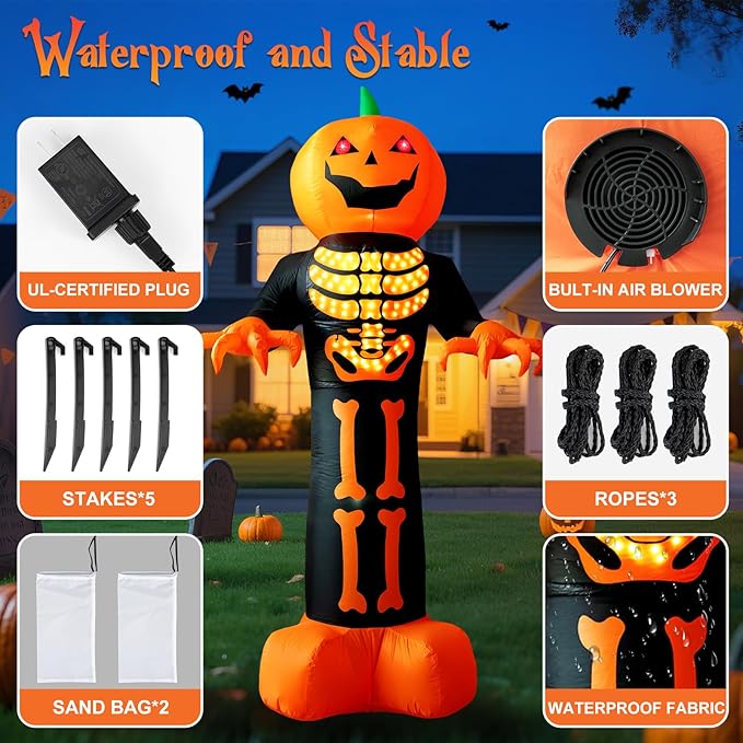 HFO 8 FT Halloween Inflatables Outdoor Decoration Pumpkin Reaper Ghost with Magic Lightshow Bones and Flashing Eyes Blow Up Yard Decoration with LED Lights Holiday Party Yard Lawn Decor