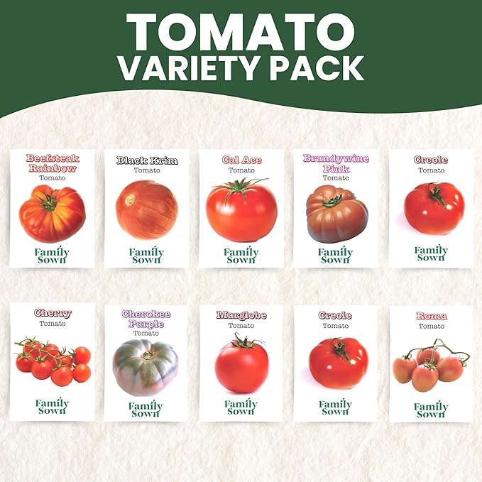 Tomato Seeds | 10 Invidiual Packs | 2025 Season | Non-GMO | Roma, Brandywine, Cherry & More! | for Planting Indoor & Outdoor | by Family Sown