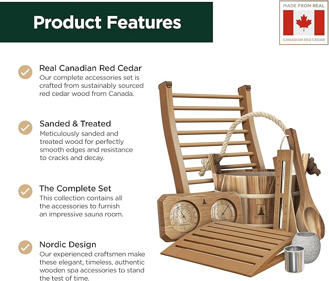 Sauna Accessories Kit - Handmade from Canadian Red Cedar Wood - Complete Set (Bucket & Ladle, Thermometer & Hygrometer, Sand Timer, Aromatherapy Cup, Backrest, Headrest)
