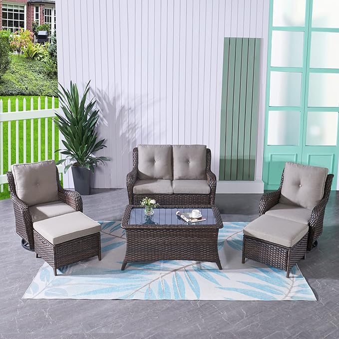 HUMMUH 6 Pieces Outdoor Patio Furniture Set Wicker Swivel Patio Chairs with Ottomans 2 Seater Outdoor Sectional Sofa/Patio Loveseat with Coffee Table