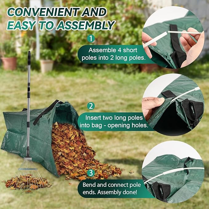 Yard Waste Bags, Leaf Dustpan, Leaves Collector, Yard Dustpan Type Garden Bag for Collecting Leaves, Garden Waste Container, with Adjustable Metal Leaf Rake Long Handle and Gloves