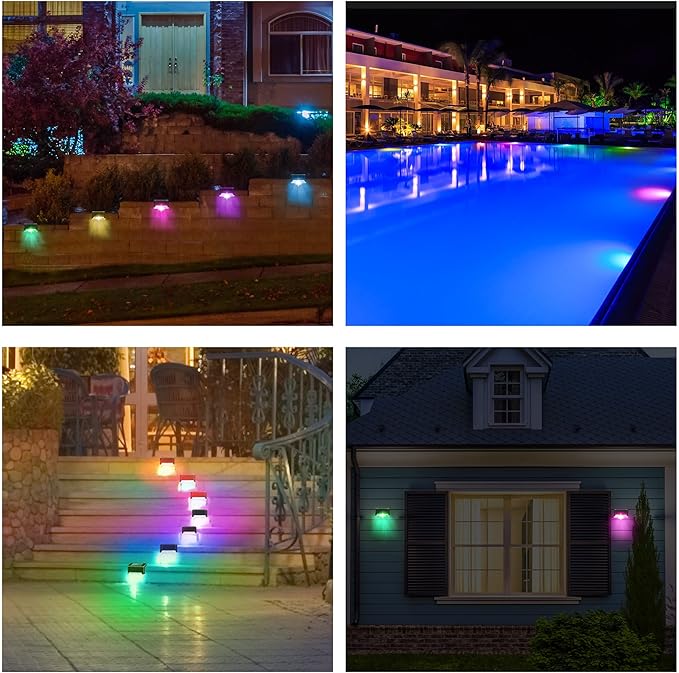 Solar Pool Side Lights 4-Pack, Color Changing Waterproof Light up Swimming Pool Accessories Night, Outdoor LED Deck Lights for Stairs, Step, Fence, Yard, Patio, and Pathway Decor