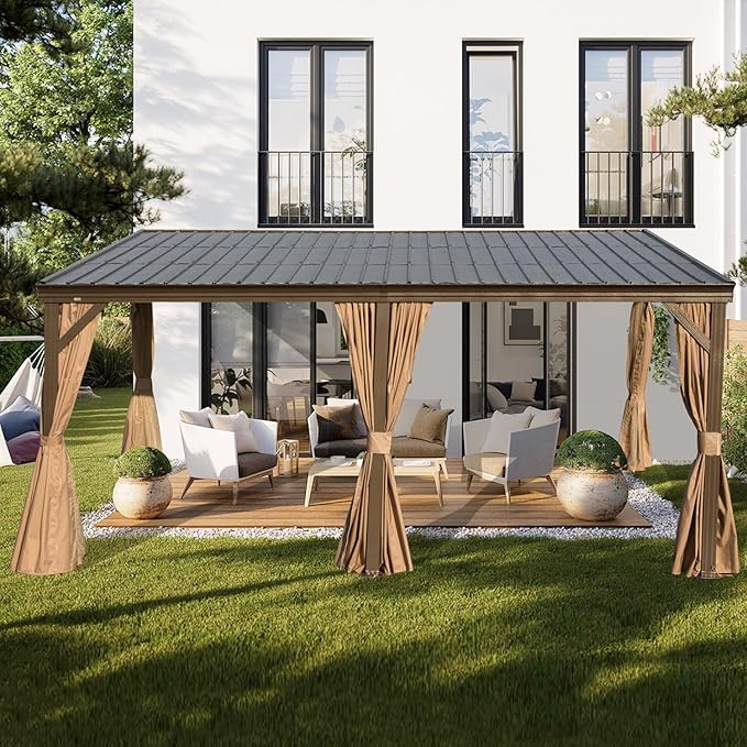 Domi 12x16FT Wall-Mounted Hardtop Gazebo, Aluminum Lean to Gazebo with Galvanized Steel Sloping Roof, Curtains & Netting for Outdoor Patio, Deck, Backyard, Garden Parties