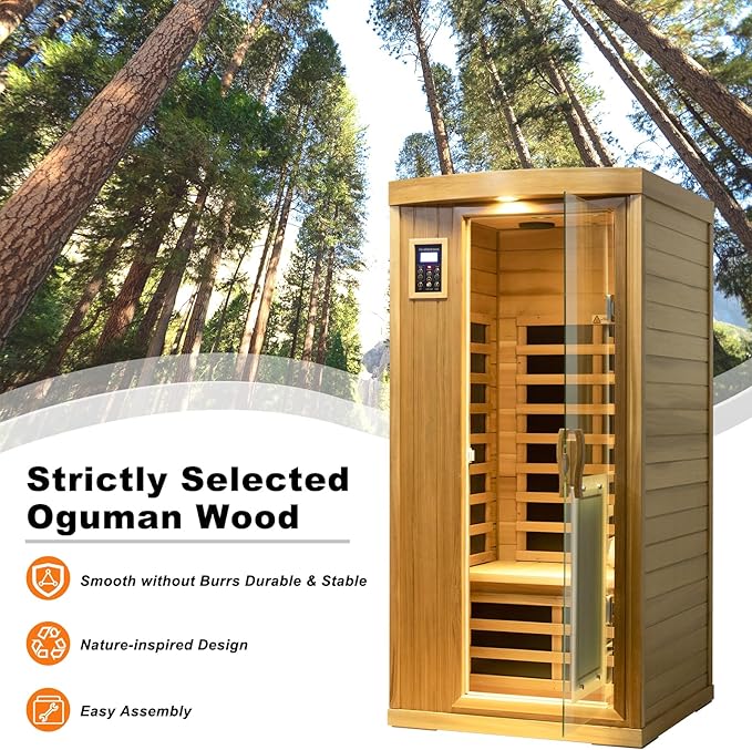 Infrared Sauna Home Sauna Box Deluxe 1 Person Red Cedar Indoor Far Infrared Sauna Room with LED Reading Light, Control System, Audio System, Bean Paste Red