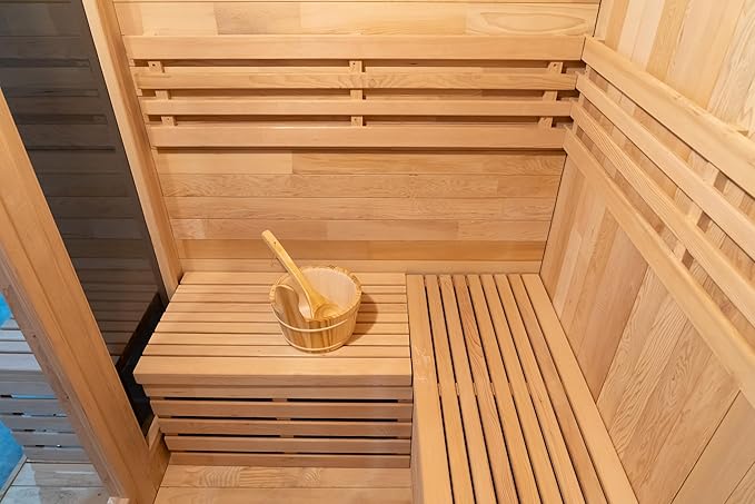 Square Outdoor Sauna, Canadian Hemlock Sauna 4 Person, 240V 6KW ETL Harvia Heater, Porch,Waterproof System, Large Glass Windows, Wood Tiles, Double Reinforcement-Fast Delivery(0-195 °F)