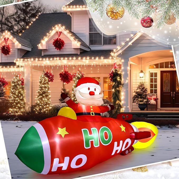Leyndo 10 FT Christmas Inflatable Santa Claus on Rocket Outdoor Blow Up Decoration with LED Lights Cute Xmas for Holiday Party Yard Garden Lawn Decor