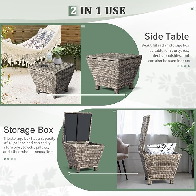 VINGLI 13 Gallon Outdoor Deck Box, Wicker Outdoor Storage Box with Lid, Small Storage Bin Container for Outside and Patio, Patio Rattan Side Table for Yard Porch (Grey, Trapezoidal)