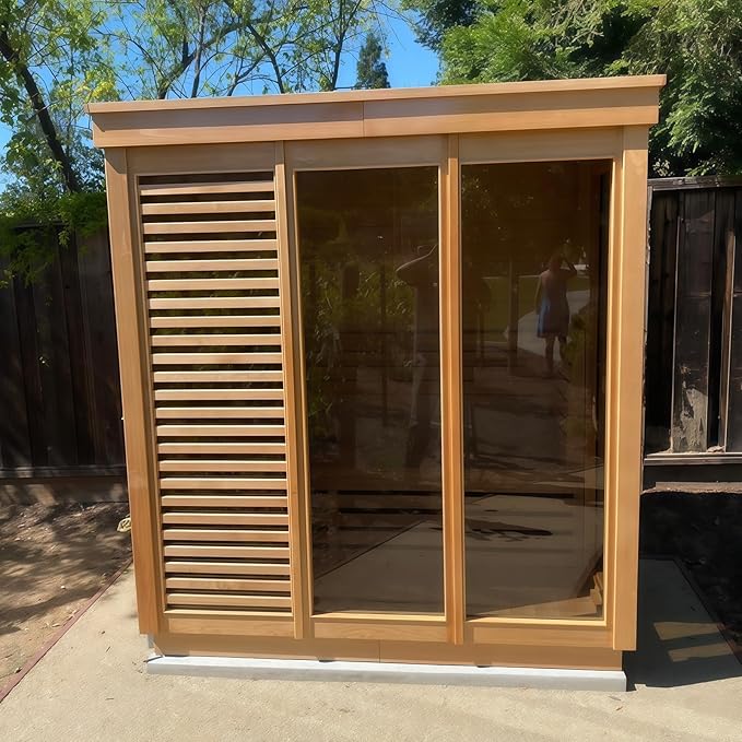 Customize Wood Burning Sauna 3-8 Person, Outdoor Red Cedar Steam Saunas, ETL Harvia Heater, Glass Wall Saunas, 220V, Rectangle Sauna Room with Backrest Headrest, Waterproofing System(0-195℉)