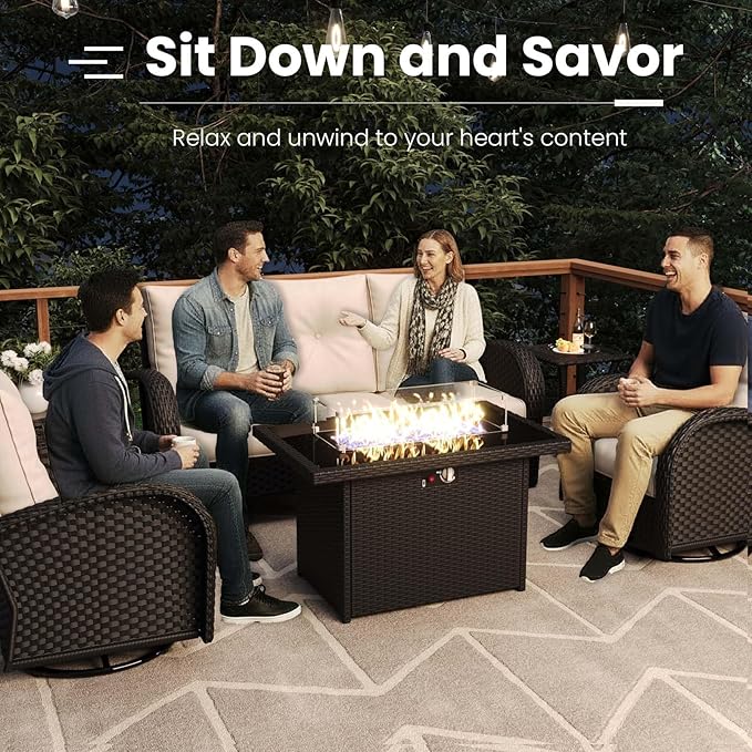 10 Pieces Patio Furniture Sets with Fire Pit Table, Wicker Rattan High Back Outdoor Swivel Rocking Chairs Set with 3-Seat Couch, Ottomans and Side Table